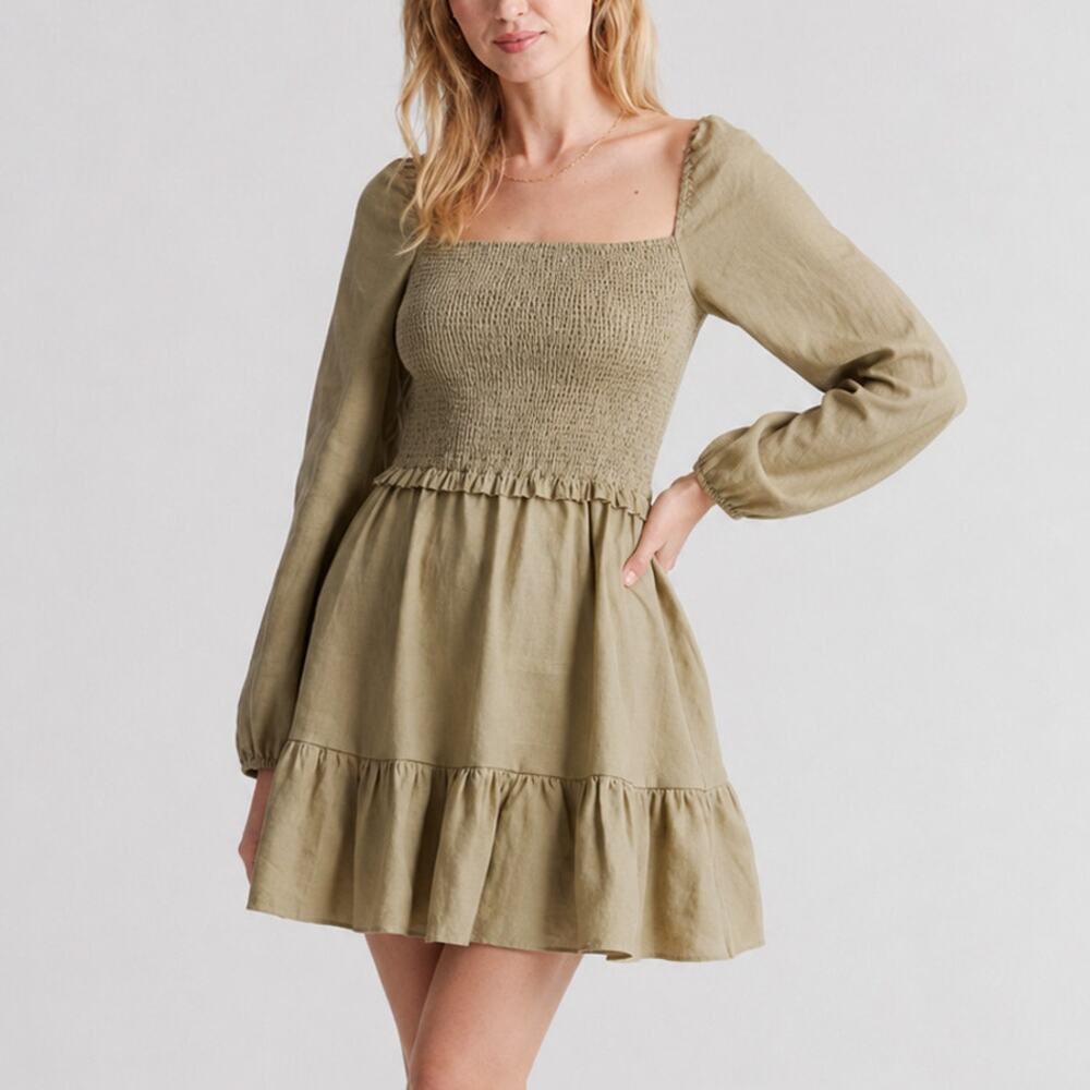 Quince European Linen Smocked Mini Dress in Washed Olive Size M